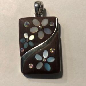 LiaSophia FLOWERBOX SLIDER Pendant Wood Silver & Pearl Inlay EUC